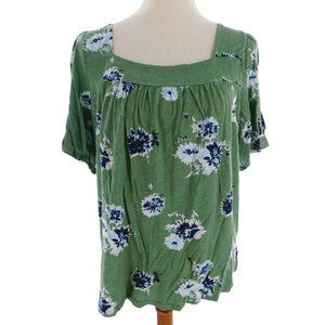 Lucky Brand Women's Large Shirt Short Sleeve Baby Doll Green Floral Square